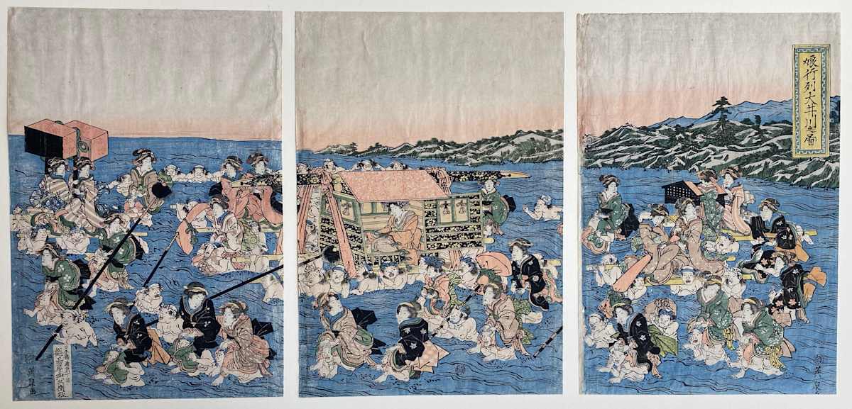 King getting carried across river by entourage, Image 4.