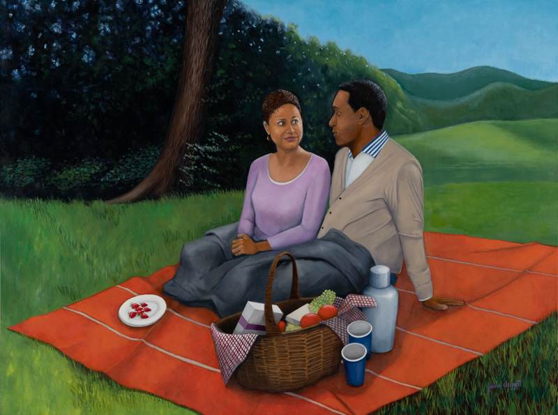 Spring Picnic by Paula Cleggett  Image: A couple sit amid an orange blanket with picnic basket nearby