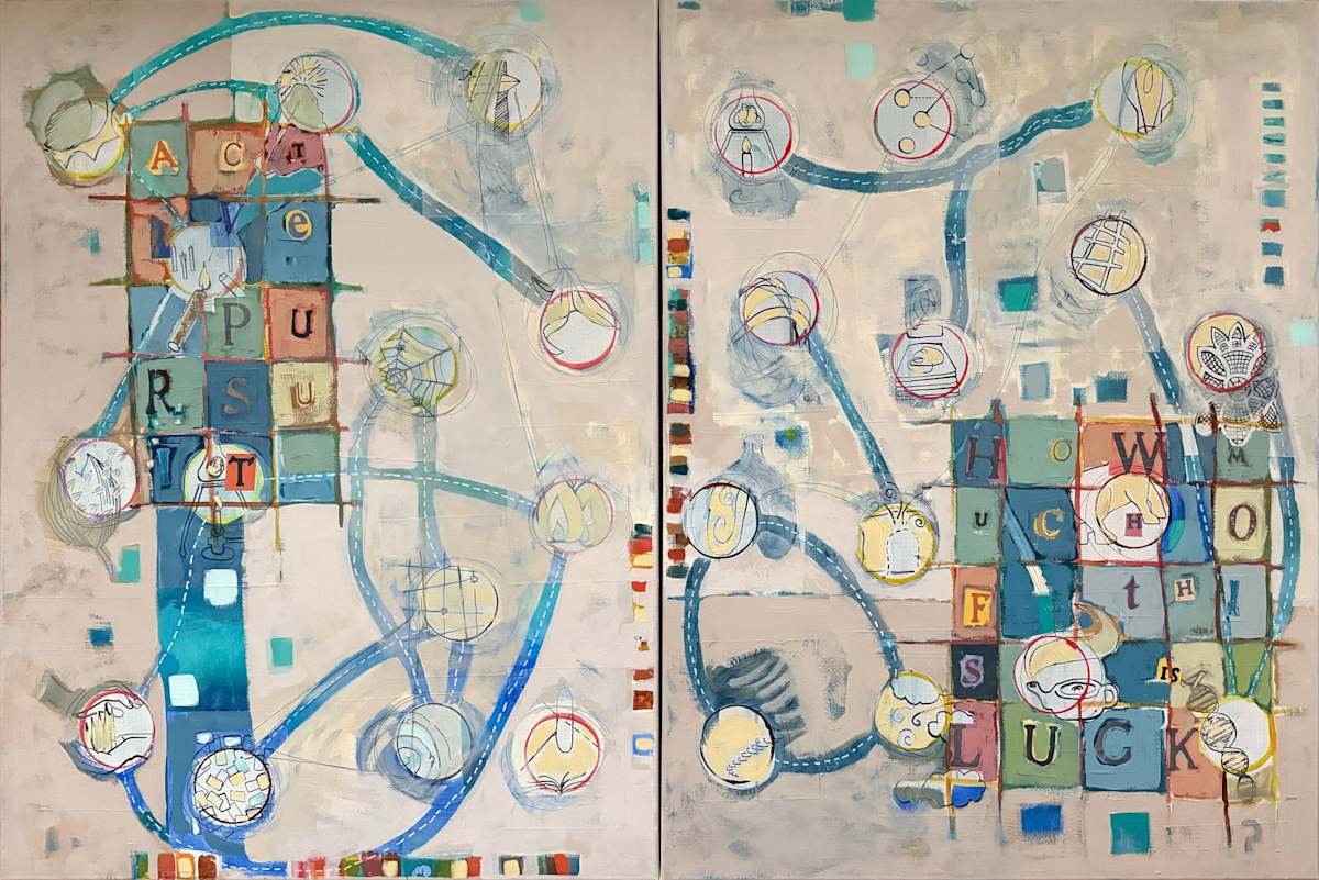 Research: "Active Pursuit", "How much of this is Luck?" by Rufo Art  Image: Together, "Active Pursuit" and "How Much of This is Luck?" explore the loose associations between information tracked down in a research environment together with experiences, dreams, and chance encounters both contribute to conceptual breakthroughs.