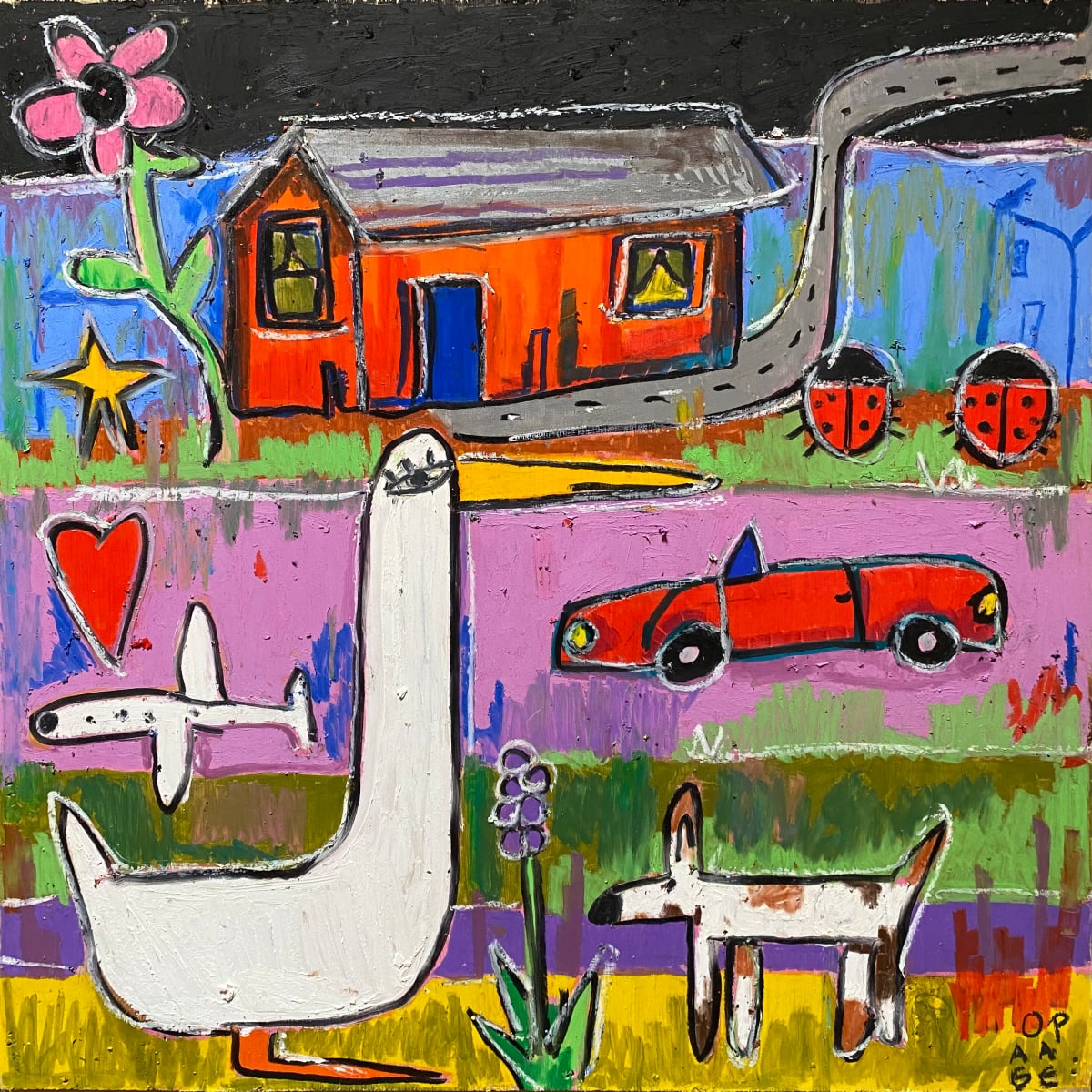 Goose, Dog, Convertible and Cabin by Oskar Petersen 