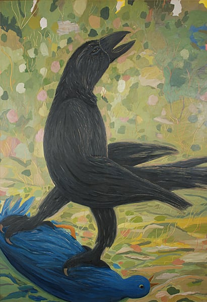 Raven with a Bluebird of Happiness by Sheila Miles 