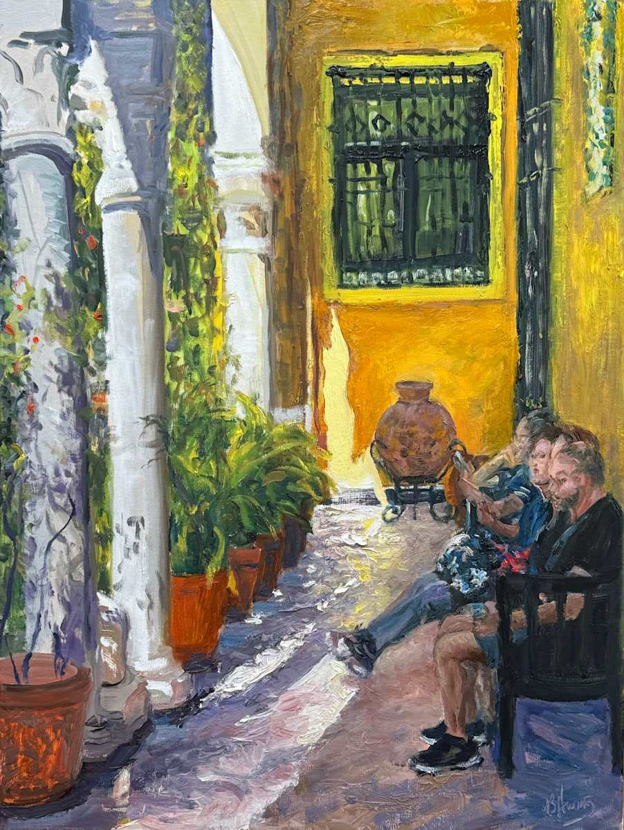 Golden Afterglow by Betty Huang  Image: My visit to the Sorolla Museum was truly unforgettable.  As I stepped out of the museum, I was greeted by a mesmerizing sight: a golden afterglow of light and shadow, casting a beautiful spell on the veranda in front of me.