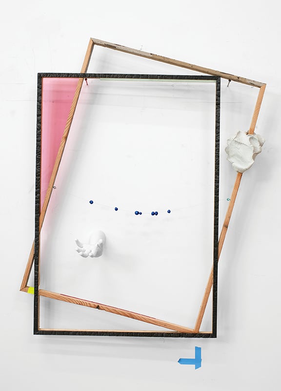 Need/Want by Kim Faler  Image: Need/Want, 2022, wood, gypsum, plexi, resin, mirror string, gold leaf (blue), paint and tape, 40 x 28 x 4.5"