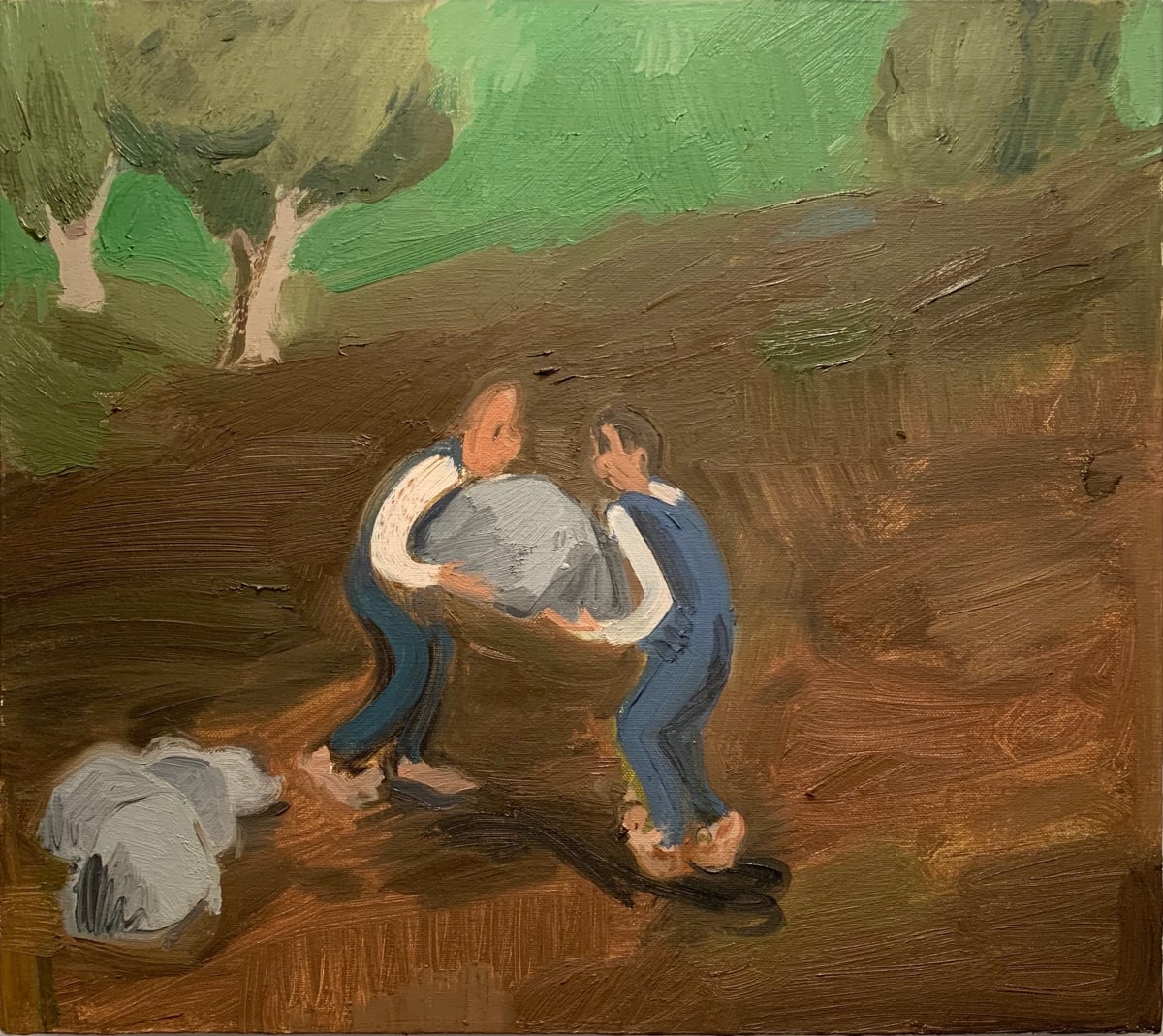 Two Man Job (moving the boulder) by Jane Corrigan  Image: Two Man Job (moving the boulder)