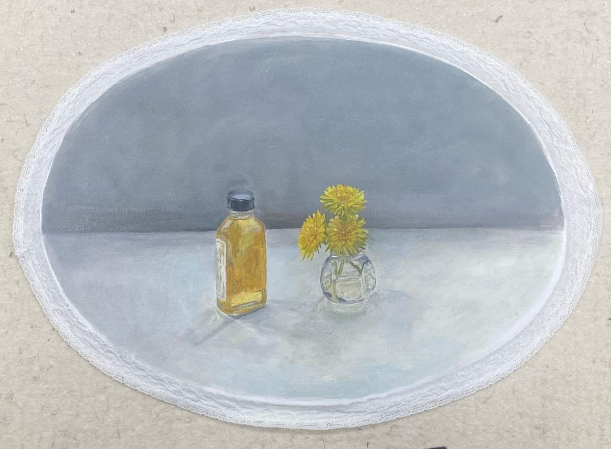 Aceite y diente de león by Isabel Gil Sánchez  Image: Óleo sobre mantelito confeccionado a mano y pegado a chapa de Dibond.