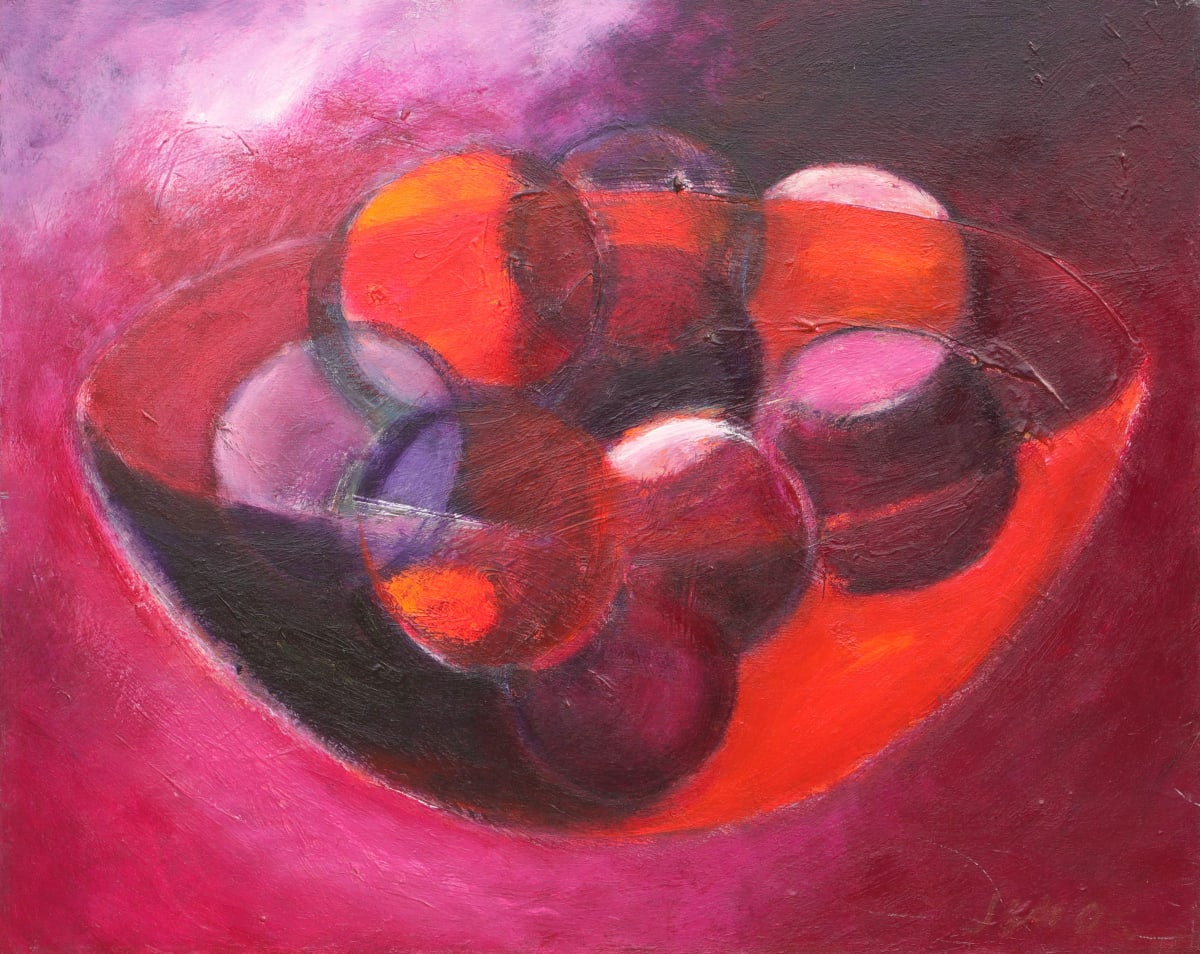 1303 Orange and Magenta Balls in Bowl 