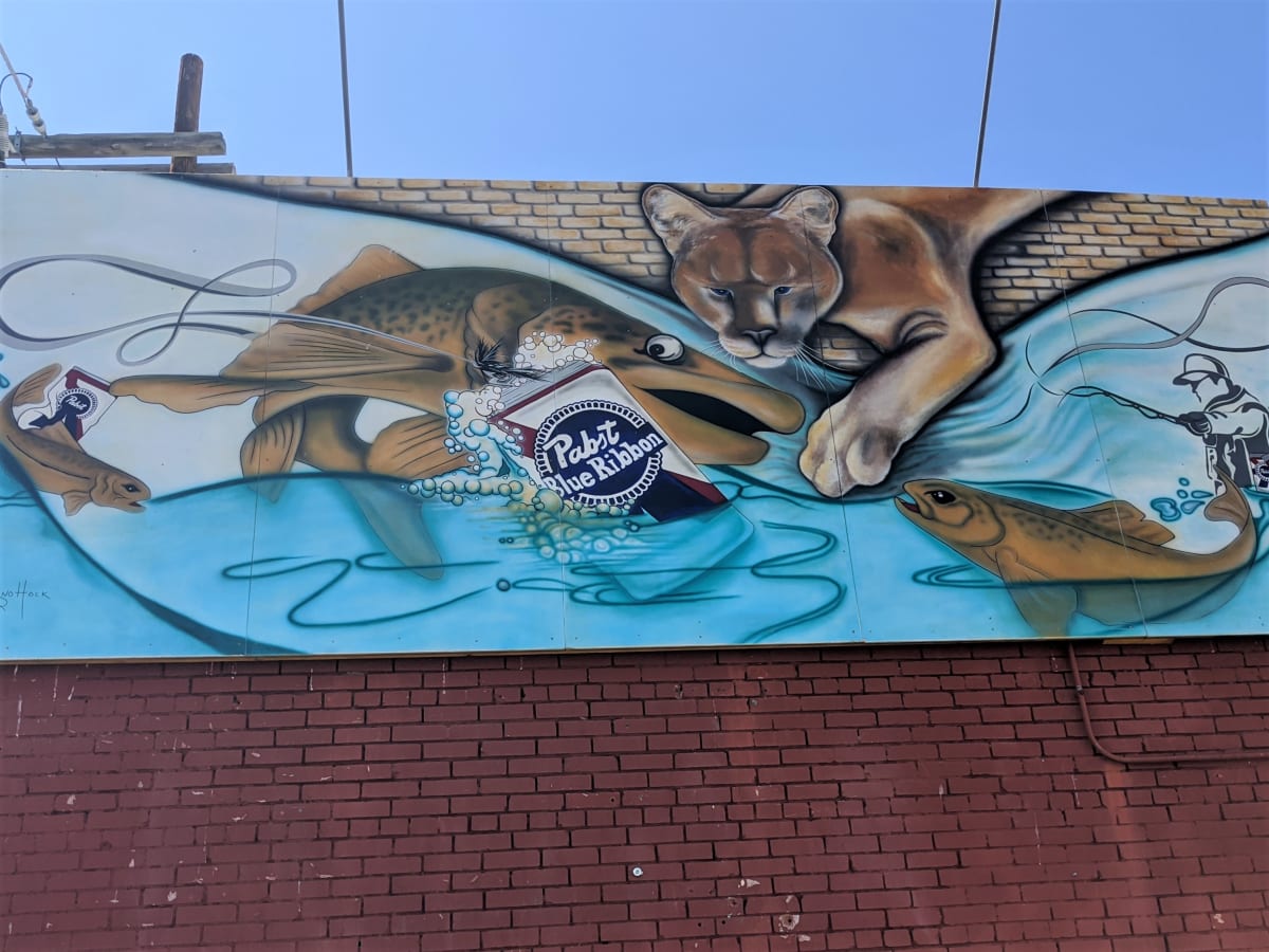 Cougar, Trout, and PBR Mural by Edith Snow, Image 1.