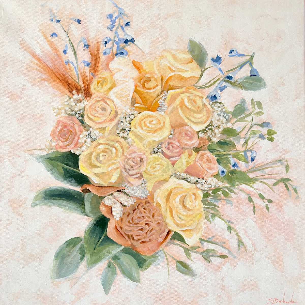 Butterfly's Bouquet by S.J. Dopheide  Image: A wedding bouquet portrait that represents, but just doesn't compare to the brides complexity and beauty. Striving to reflect these qualities in the painting, I used expressive texture and kept my brush strokes loose, light and abstract. 