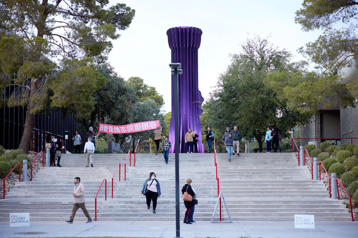 Do you believe in love between comrades by Luke Luokun Cheng  Image: Luke Luokun Cheng, Do you believe in love between comrades, 2018. Performed during the 2022 UNLV ArtWalk by Brent Holmes and Keeva Lough. Photo by UNV Creative Services/Josh Hawkins.