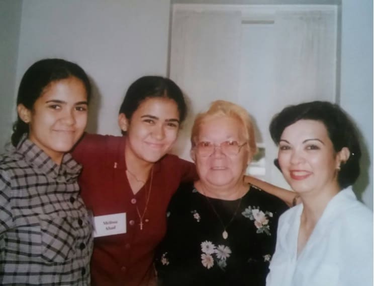 From left to right, Erika Gisela Abad, Ph.D., Melissa Victoria Abad Ph.D., Margarita Rivera, and Aurea Gisela Abad pose before leaving the Drs. Abad at Deerfield Academy for their first year of high school,  9/7/97.