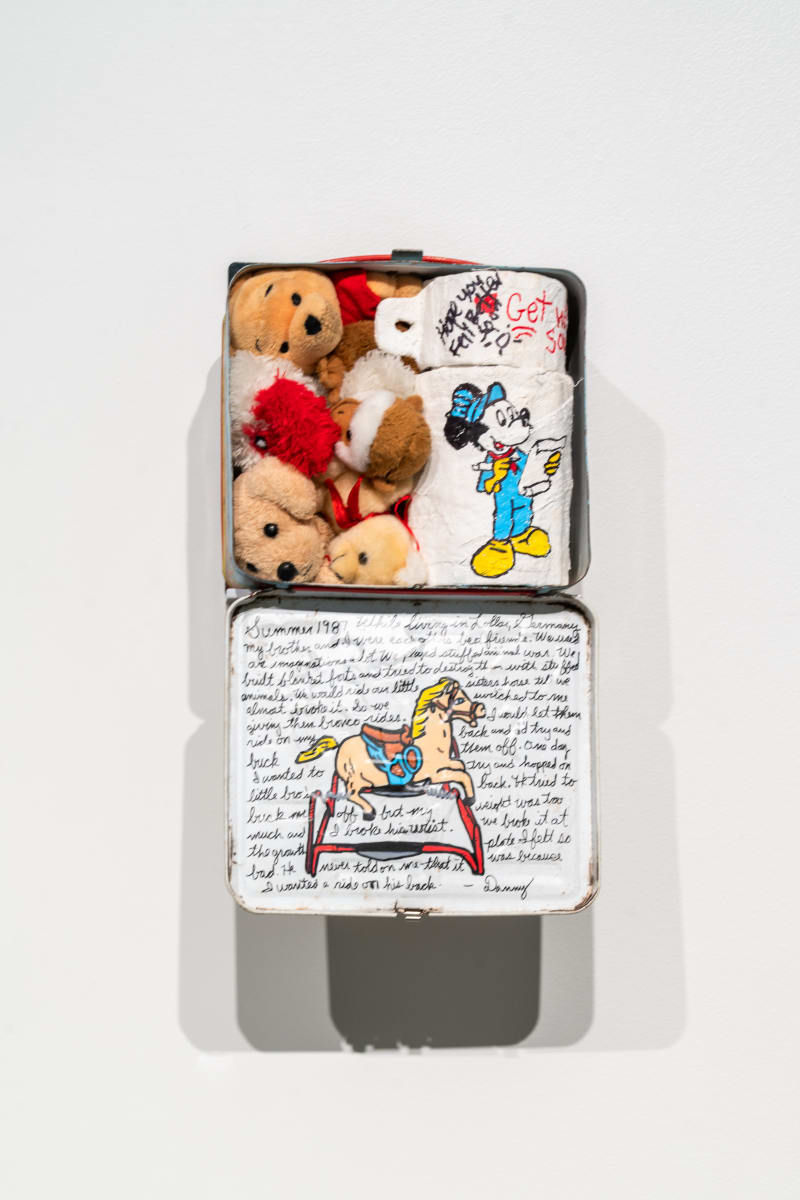 It’s a miracle we survived as kids, No.3 “My turn” by Dan45 Hernandez  Image: Dan45 Hernandez
It’s a miracle we survived as kids,
No.3 “My turn”
Vintage lunch box, plaster cast, stuffed animals, Posca acrylic paint markers
14 x 8 x 4 in
2022
Courtesy of the artist