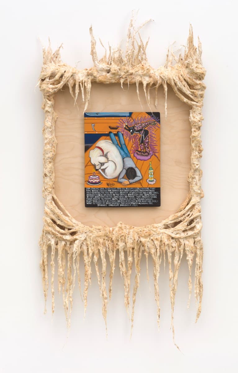 I am sending love to my eight-year-old self Retablo by Guadalupe Maravilla  Image: Guadalupe Maravilla
I am sending love to my eight year old self retablo
2021
Oil on tin, cotton and glue mixture on wood
45 1/2 x 20 x 4 in
Courtesy of the artist and P·P·O·W, New York and the NMSU Permanent Art Collection