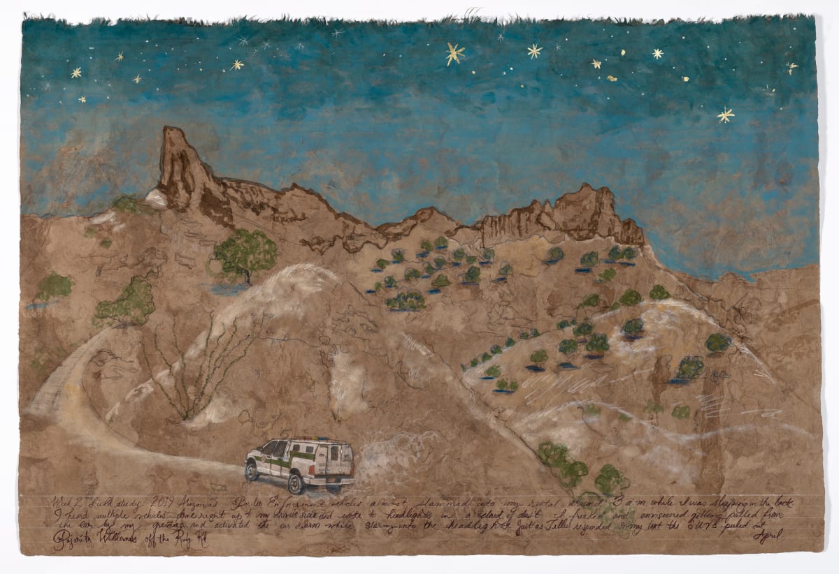 Borderlands No. 2 They Almost Got Me (Pajarita Wilderness) by Sandy Rodriguez  Image: Borderlands No. 2 They almost got me (Pajarita Wilderness), 2019
Hand-processed watercolor on amate paper
31.5 x 47 inches
Courtesy of Beth Rudin DeWoody