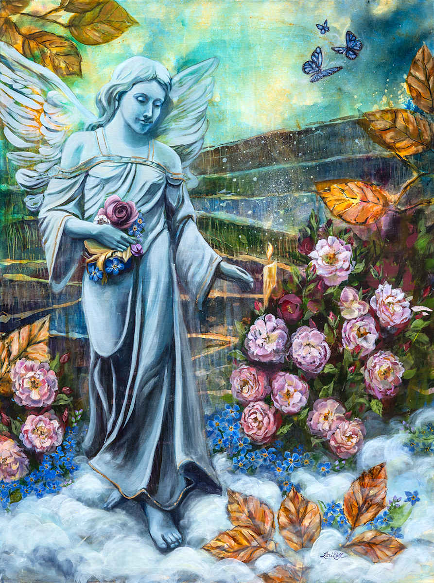 Where Angels Remember by Lori Call  Image:  The roses and forget-me-not flowers bring a gentle smile to the young angel's lips as she gathers a bouquet representing love and memories to be cherished forever. The dead leaves of winter, although bright gold and tired, are necessary to nourish the soil for the future flowers of Spring and Summer. Butterflies rise from the bright flame of a candle that will never grow cold and dark as we honor and keep in our hearts those we hold dear. We will see each other once again.   