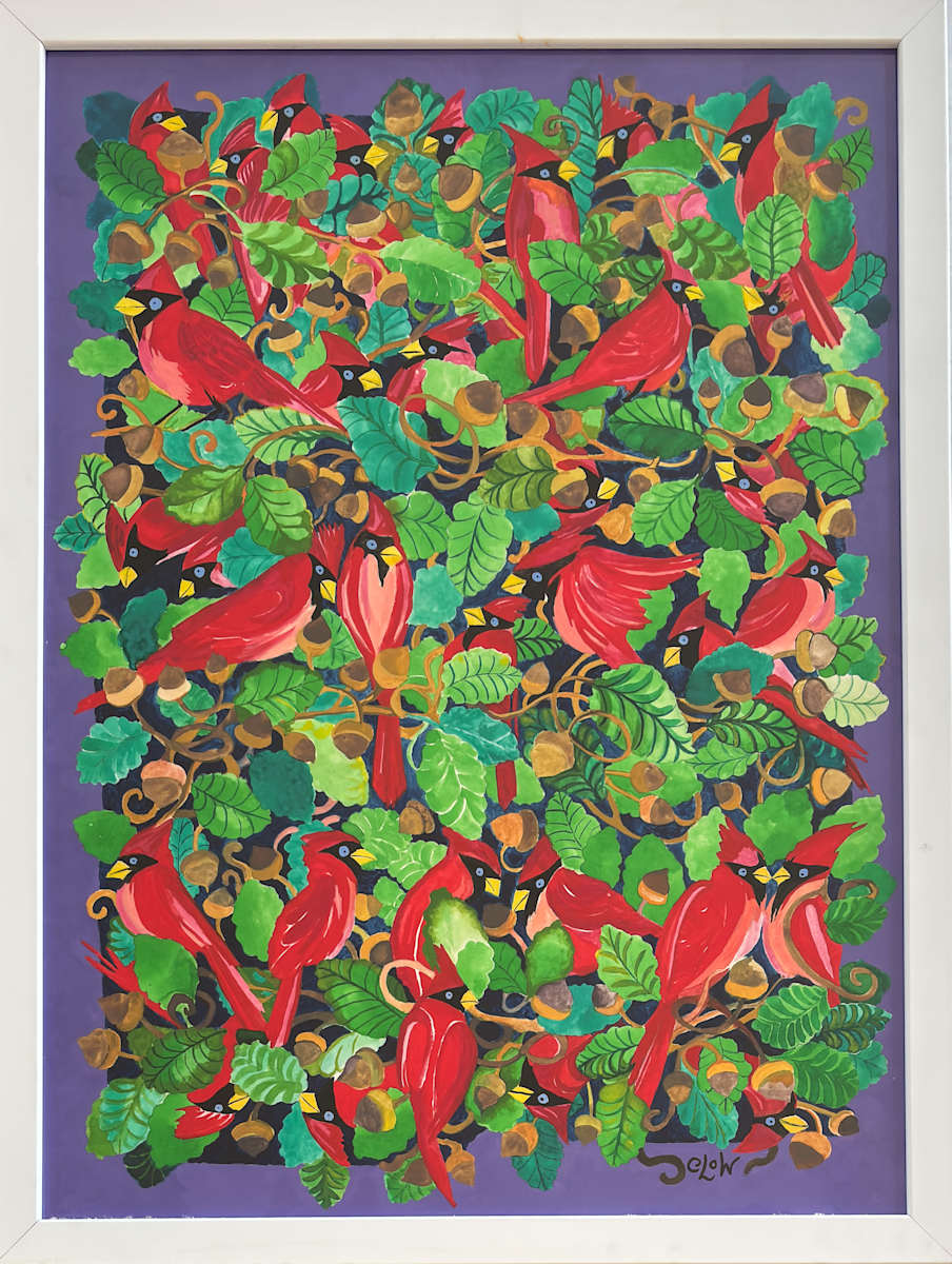 Cardinal and Oak Branches by Cynthia Low  Image: Cardinal and Oak Branches