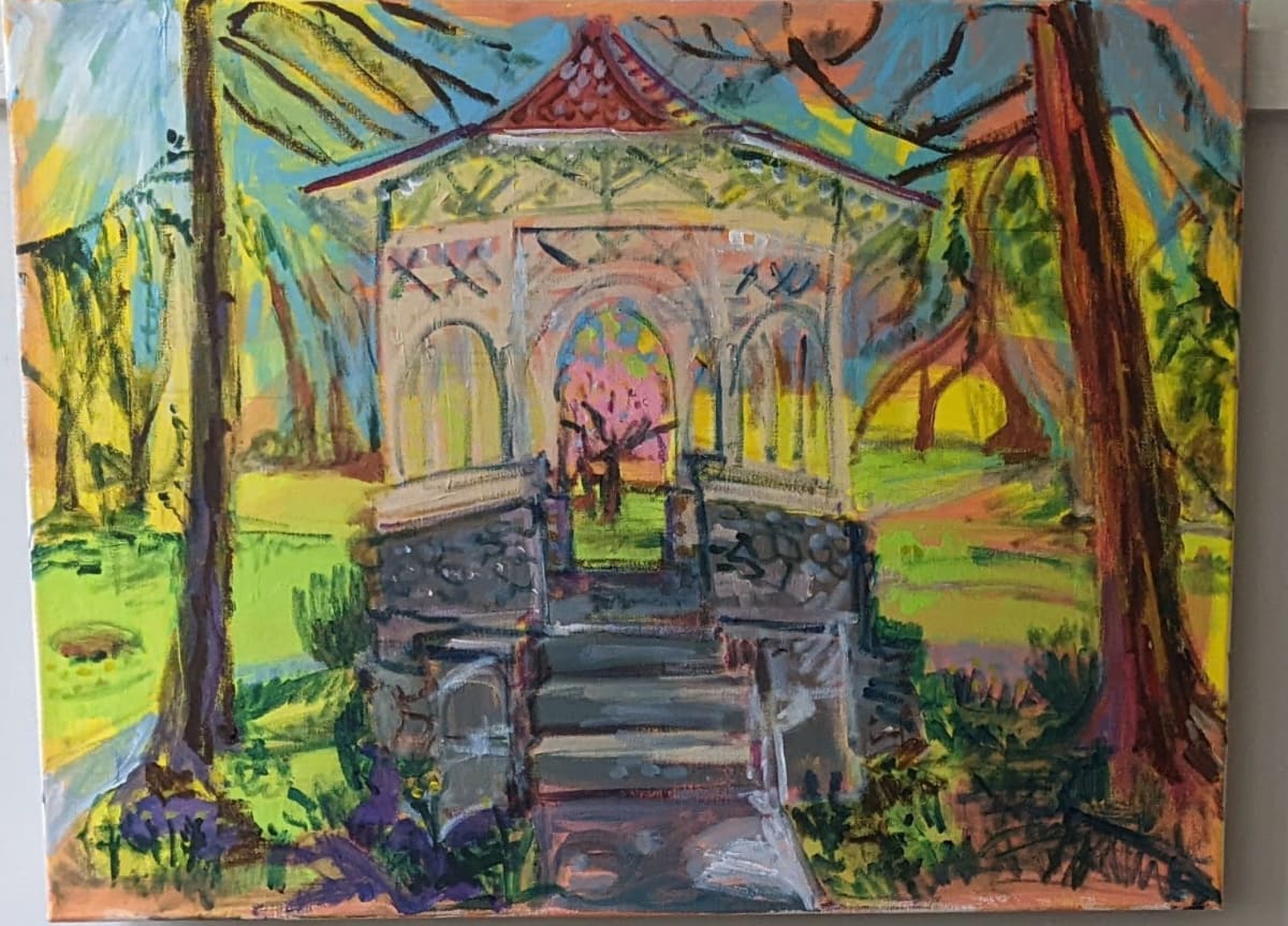 Gazebo by Tina Rawson  Image: Painted en plein air on a beautiful day at Atkinson Commons in Newburyport. This beautiful Fauvist piece reminds me of a carousel.
