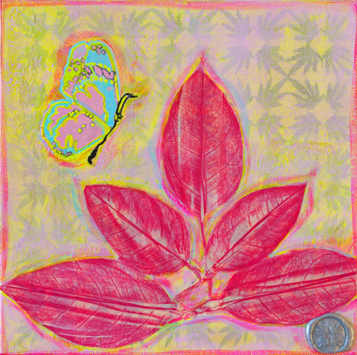 Fuchsia  Citrus Leaves with Butterflies I by Alexandra Anderson Bower 