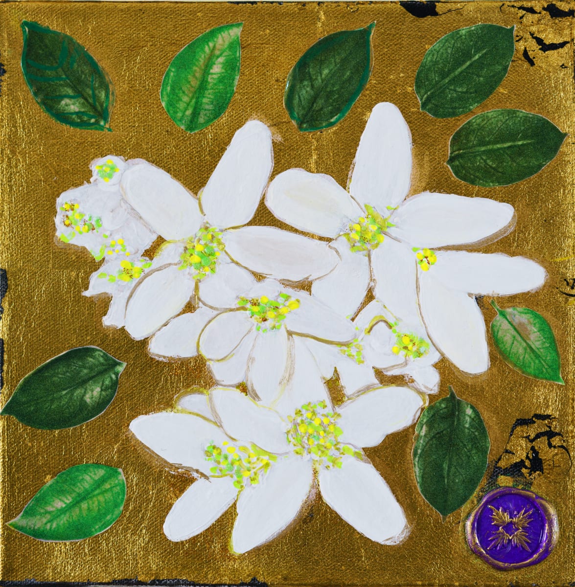 Gold Leaf with White Citrus Blossoms I by Alexandra Anderson Bower 