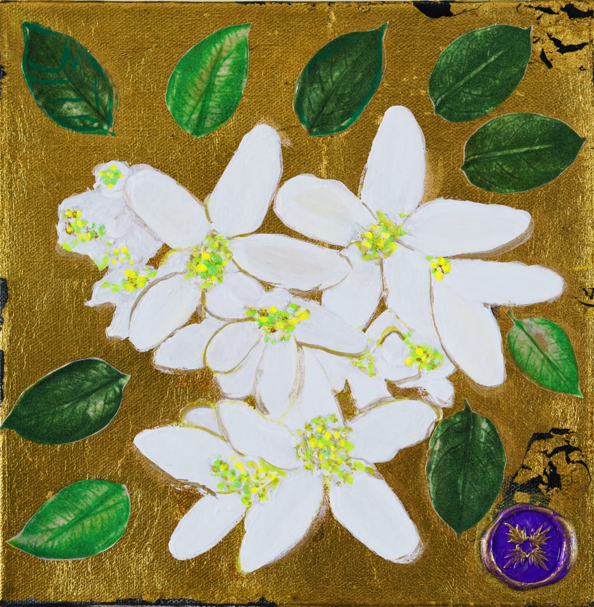 Gold Leaf with White Citrus Blossoms by Alexandra Anderson Bower 