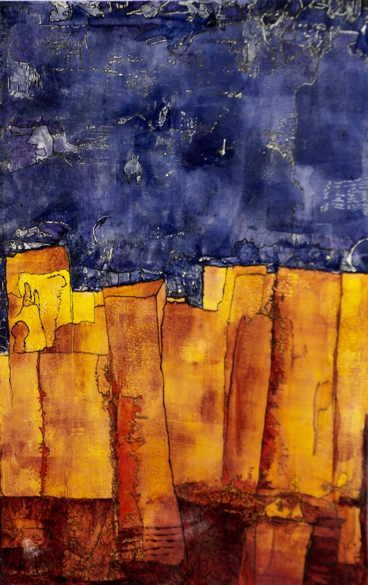 The Sky Falling by Pat Borow  Image: An abstracted cityscape.
