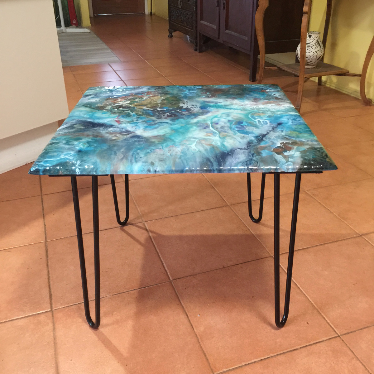 Green square coffee/patio table by Gayle Reichelt 