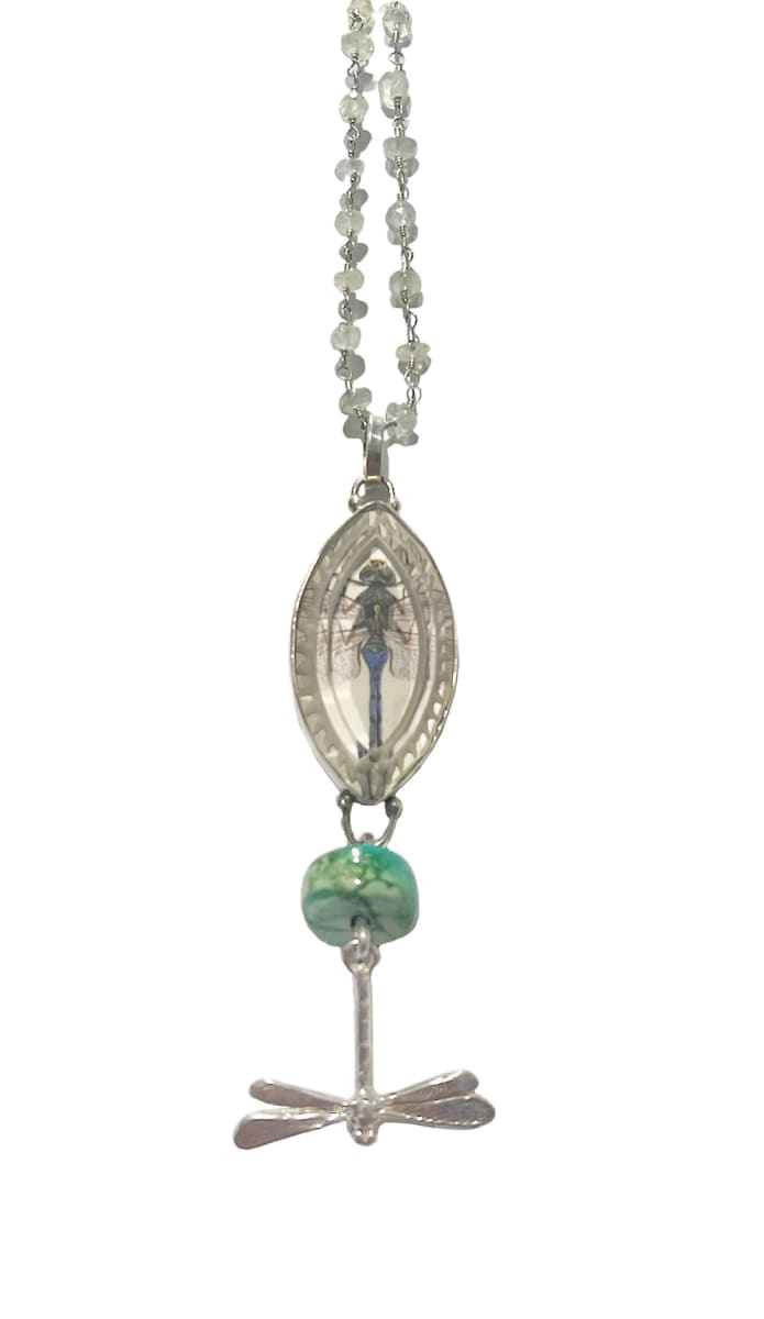 Necklace #16 by Denise Barr  Image: Sterling silver, pehrinyte, old Swarovski crystal atop a found vintage dragonfly image