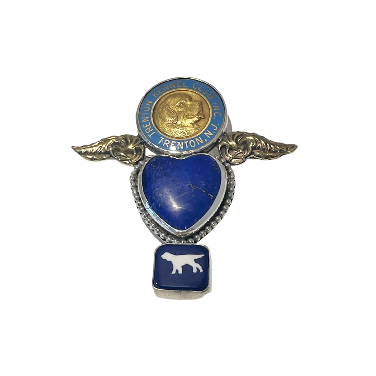 Pin #18 by Denise Barr  Image: Sterling silver, Marquis Murrine, lapis, found vintage kennel club pin