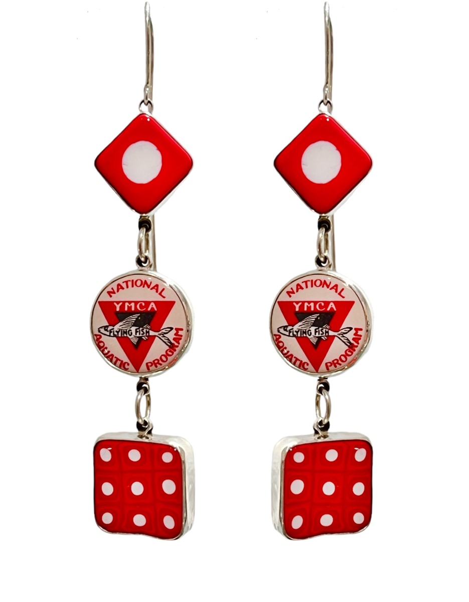 Earring #20 by Denise Barr  Image: sterling silver, Mariquis Murrine, vintage YMCA Swim buttons