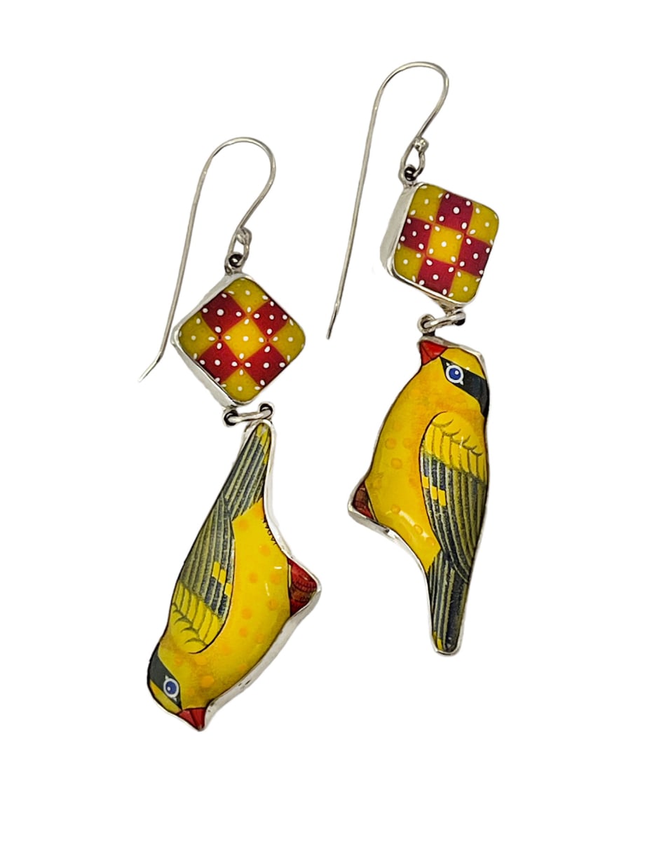 Earring #26 by Denise Barr  Image: Sterling silver, Marquis Murrine, 1960 Japanese screen printed tin