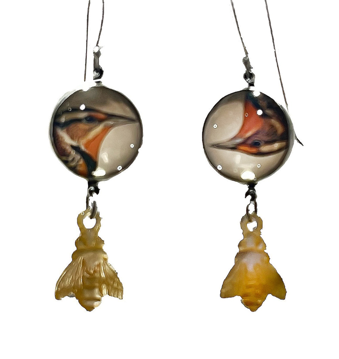 Earring #5 by Denise Barr  Image: Sterling silver, Mother of Pearl hand carved bee, found vintage bird image under quartz crystal