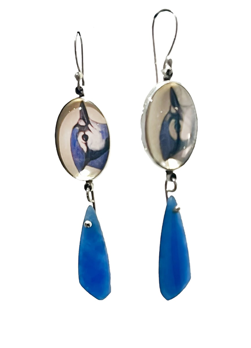 Earring #9 by Denise Barr  Image: Sterling silver, vintage found gird image (Blue Jay) under quartz crystal