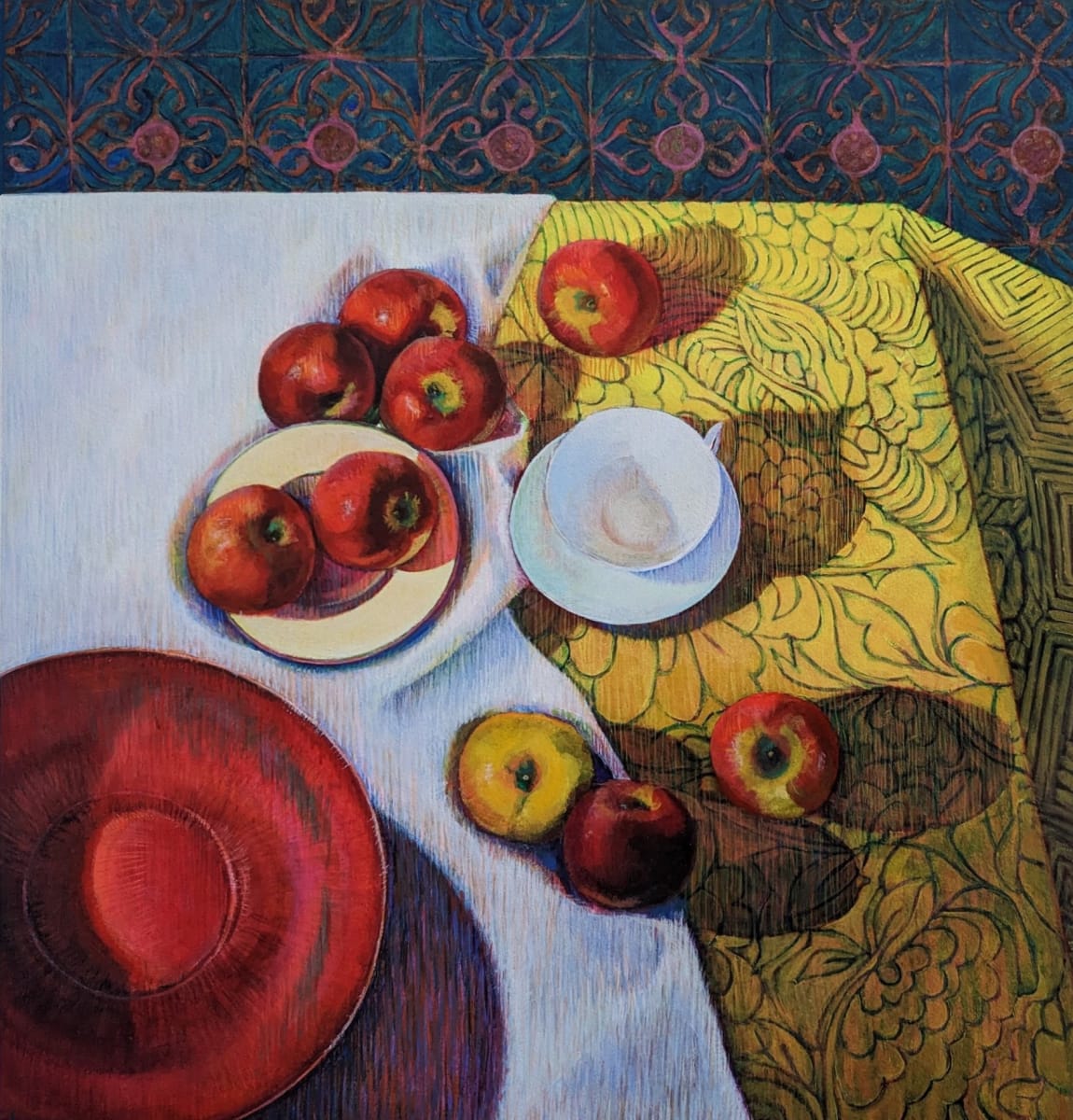 Yellow Tablecloth and Apples by Christie West 