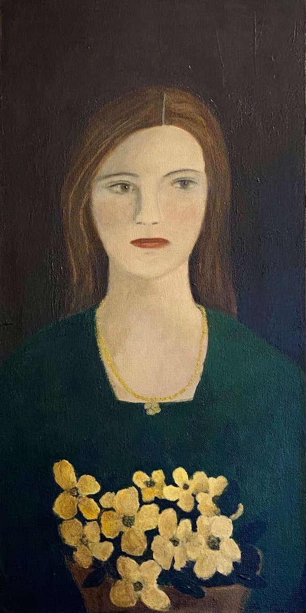 Woman in green Dress with Gold Necklace by Zue Stevenson 