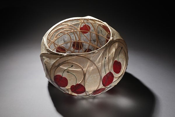 Life is Just a (Virtual) Bowl of Cherries by Jill Nordfors Clark  Image: Lashed reed, stitched and layered hog casing, printed silk organza, silk, florist’s wire