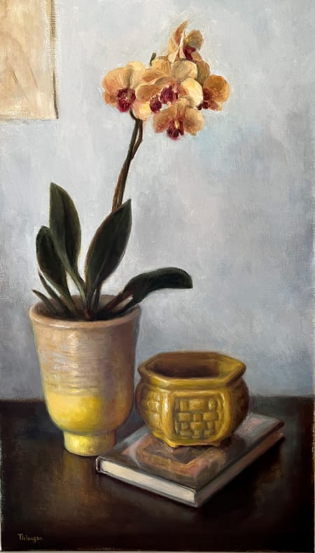 Orchid - Gold and Crimson"  Image: 14" x 24" floral-focused still life, perfect for narrow walls. It can be balanced with "Red Amaryllis and Pears", which is the same size.