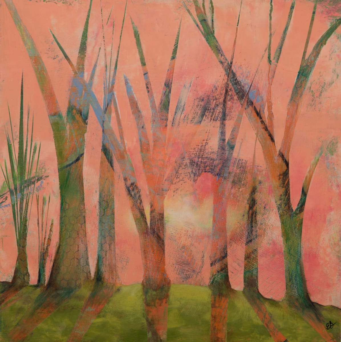 Futuristic Landscape by Ella Balkwill  Image: Cold wax and oil painting with a lot of layers.  The trees in this piece have been exposed through the coral and green cwm overlay.  It created a lot of history and texture.  A cold wax and oil finish is usually matte.  The trees in this piece are polished and therefore glossy while the background is matte.  