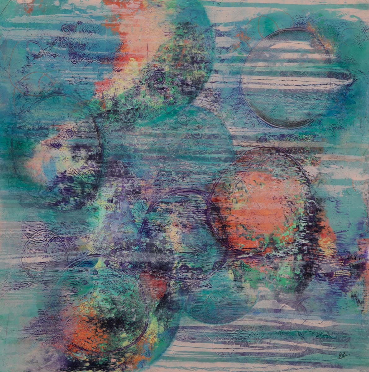 Solar Maze by Ella Balkwill  Image: This cold wax and oil piece needs to be seen.  There is a lot of history and the colours make it very interesting to view.