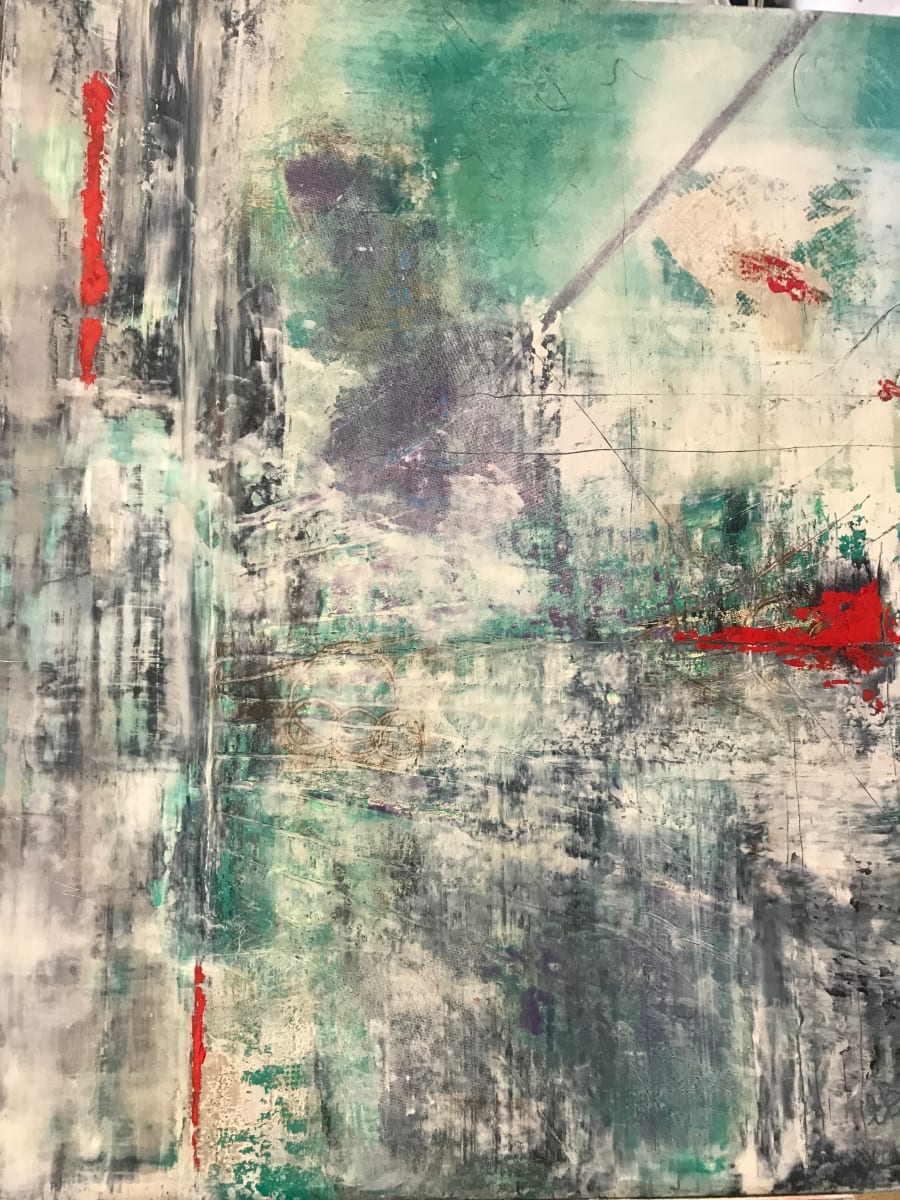 Destinations by Ella Balkwill  Image: ‘Destinations’ has lots of history.  Cold wax and oil. 24 x 30. It has a narrow metal amethyst colour frame which brought the entire painting to life.  It sold to a fellow artist opening night of the Art Exhibition. 