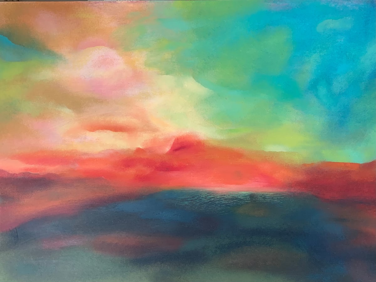 Saugeen Shores by Ella Balkwill  Image: I absolutely love the way the colours blend in this painting.  The light glows from behind the clouds and sparkles on the water.  It was a joy to paint and watch as it evolved.  I found the light to be incredible and it is a stunning piece to behold.  It was all done with a mixture of oil paint and wax applied with tissue paper.  It was a time consuming piece but well worth the effort.  It will be a fabulous addition to anyone’s home or office.  It has a very matt finish but as it is a cold wax piece it can also be buffed to a satin finish.