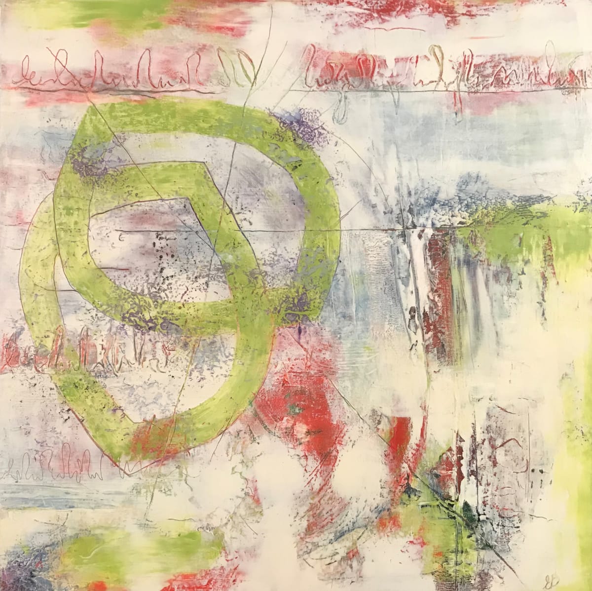 Dream Time by Ella Balkwill  Image: Dream Time.  Cold wax and oil paint.  16 x 16 x 1.5 The circle within a circle represents two individuals becoming a unit.   The intuitive saying on the back is “forgive” which along with communication imparts success to the relationship.