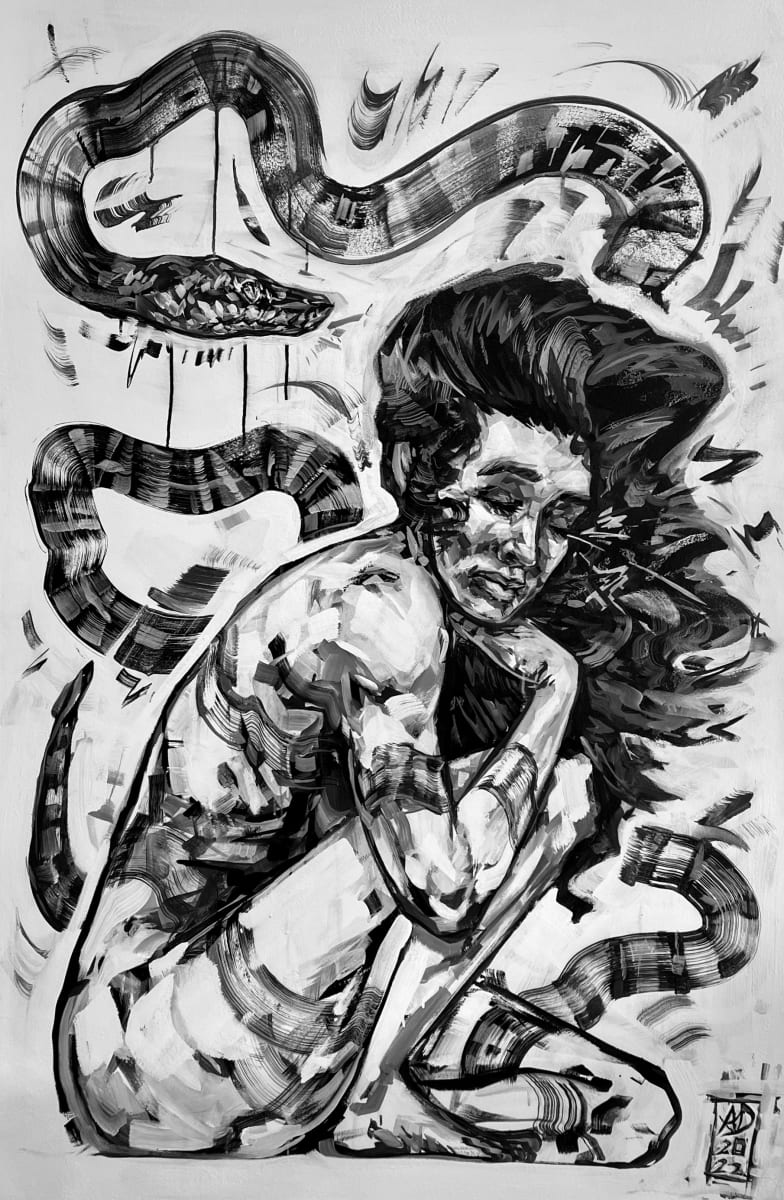 Manasa by Alec DeJesus  Image: Pulling from the mythology of deity Manasa, this figure is undergoing change and healing while conquering fear.