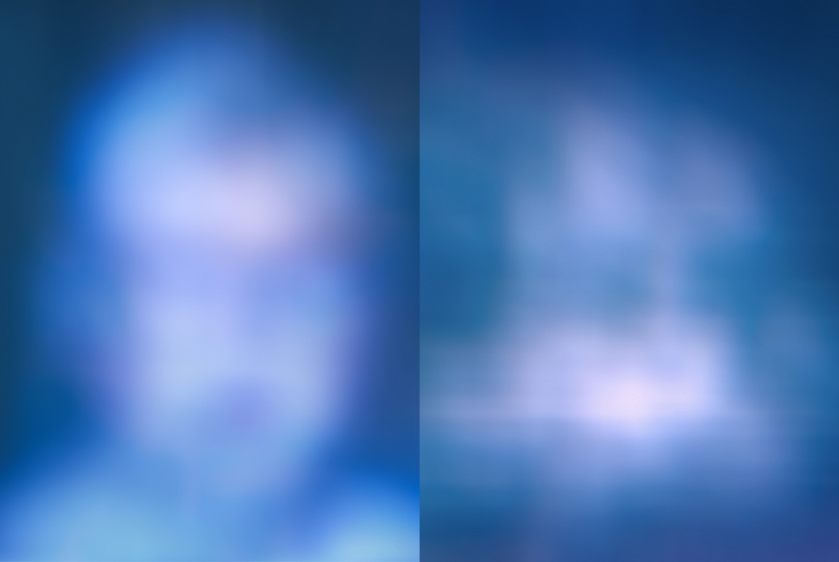 Snow Day Number 8, version 2 by Doug Winter  Image: This diptych translates the lived experience of vision loss into abstraction, where blurred forms mimic lost reality. Inspired by conversations with my father during the final year of his life, the work reflects how sight persists even as it fails. Using a modified camera lens, shifting colors and dissolving forms create a meditation on perception, memory, and resilience.

Image description: Diptych photograph in shifting shades of blue, violet, and soft white. On the left, a faint face-like form emerges, blurred and dissolving into abstraction. On the right, lighter streaks and shapes suggest fleeting facial structures, fading into haze. The pairing mimics the instability of impaired vision, where clarity breaks down into fragmented color, impaired memory, and fragile perception.