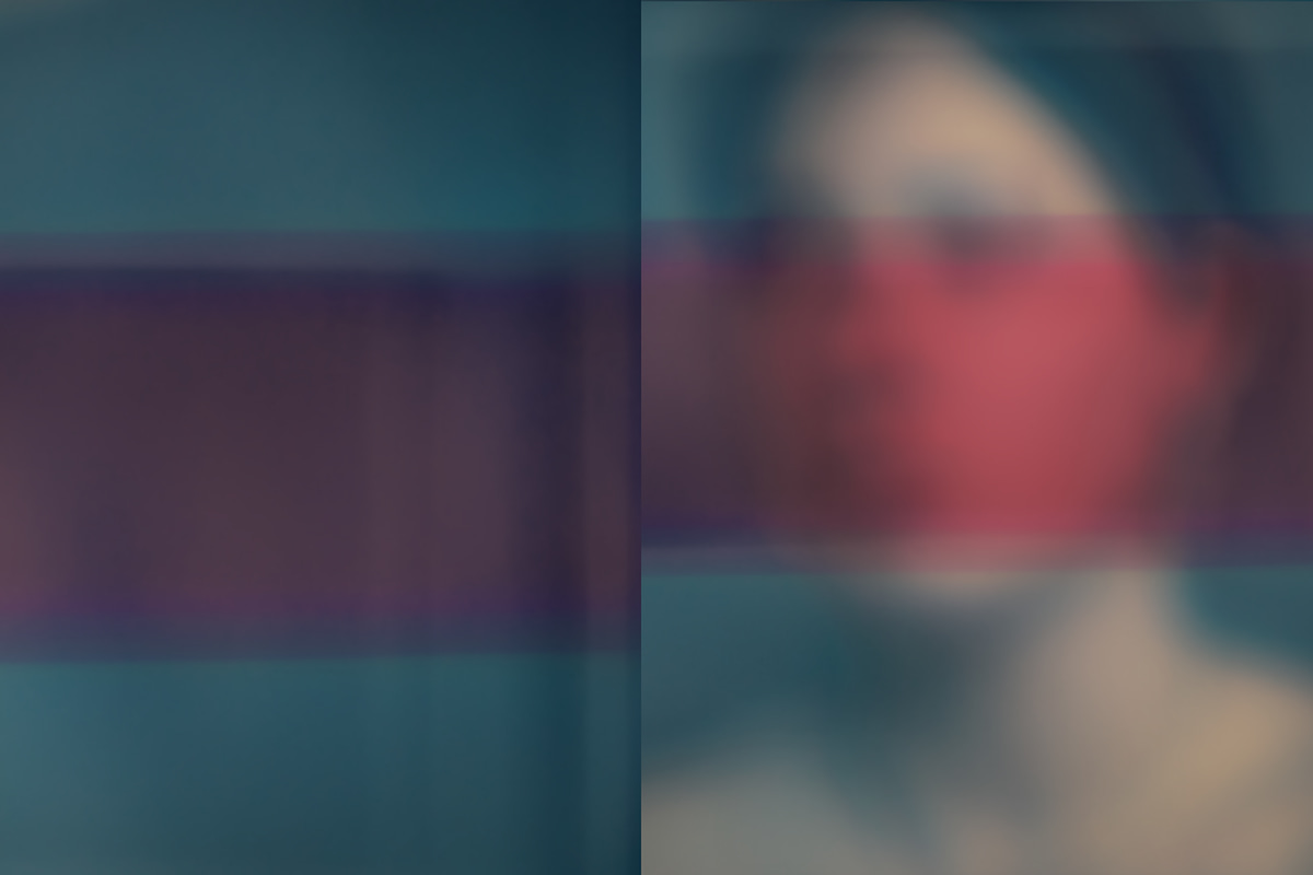 Veiled Sight, Day 75 (in two parts) Corazones Gemelos, Día 131 (en dos partes) by Doug Winter  Image: This diptych emerges from the quiet patterns of moving through the world with impaired vision. Each morning, I walk in rhythm with the Earth's rotation, light bobbing and weaving with a boxer's grace—jagged patterns of sun and shadow at my feet. In and out of brightness, in and out of clarity. My sight is irregular with rays of light and how light falls on my face, thoughts drift to the past, pause in the present, and reach toward a future wrapped in veils of sight, anticipation, and uncertainty.
The artwork is not a metaphor for blindness; I'm not blind. It's an act of witness—of seeing as it is how I see, which is shifting, moving in time with the angle of the sun and light in my view. The soft reddish band that cuts through the portrait is a reinterpretation of a very real interruption: an ugly grey bar that crosses my vision every day. In this image, I give that obstruction a different life—a romanticized color and form, not to beautify it, but to reclaim it. To offer it meaning.

Image description: Diptych photograph: A Caucasian androgynous person with short brunette hair, depicted from the shoulders up and not clothed, is shown on the right panel, deliberately blurred to represent visual impairment. Across both panels, a horizontal color bar in shades of reddish, blue, and purple stretches from left to right. The bar is interrupted at the center where the two images meet, intersecting the person's face. Emphasizing challenges associated with impaired vision.
