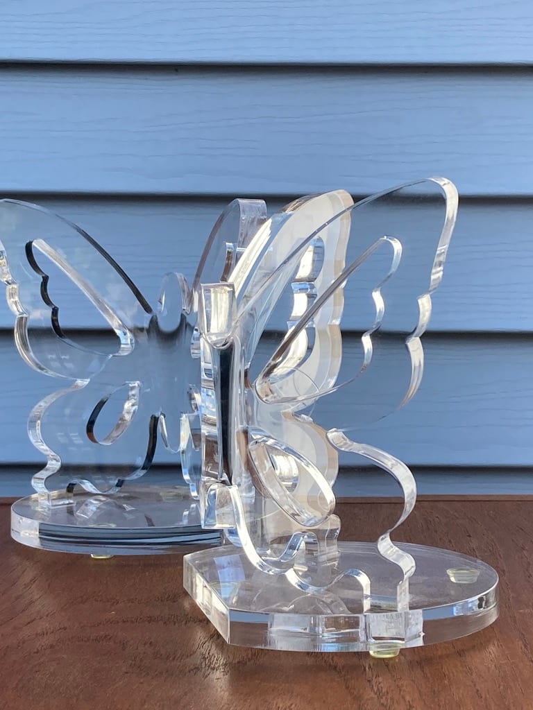 Pair of lucite butterfly bookends 