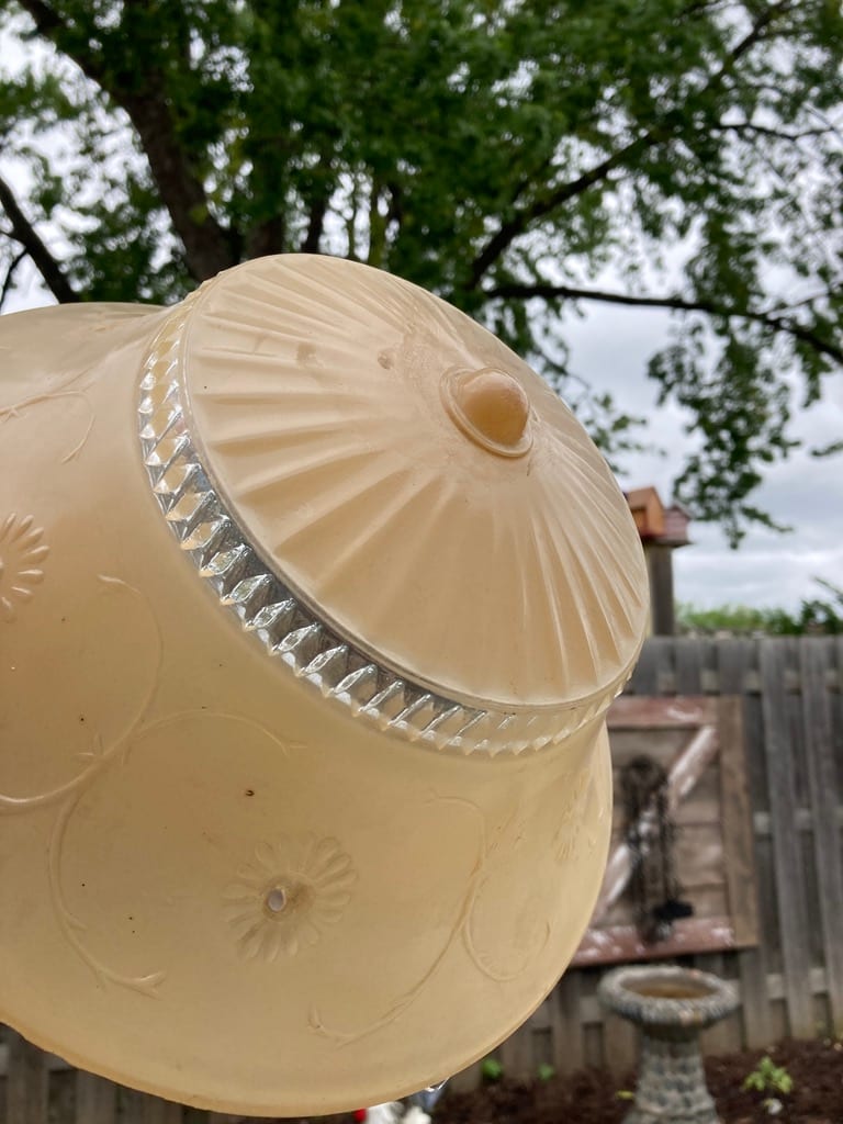 1940's ceiling fixture ~ frosted cream  and clear floral pattern with ribs 