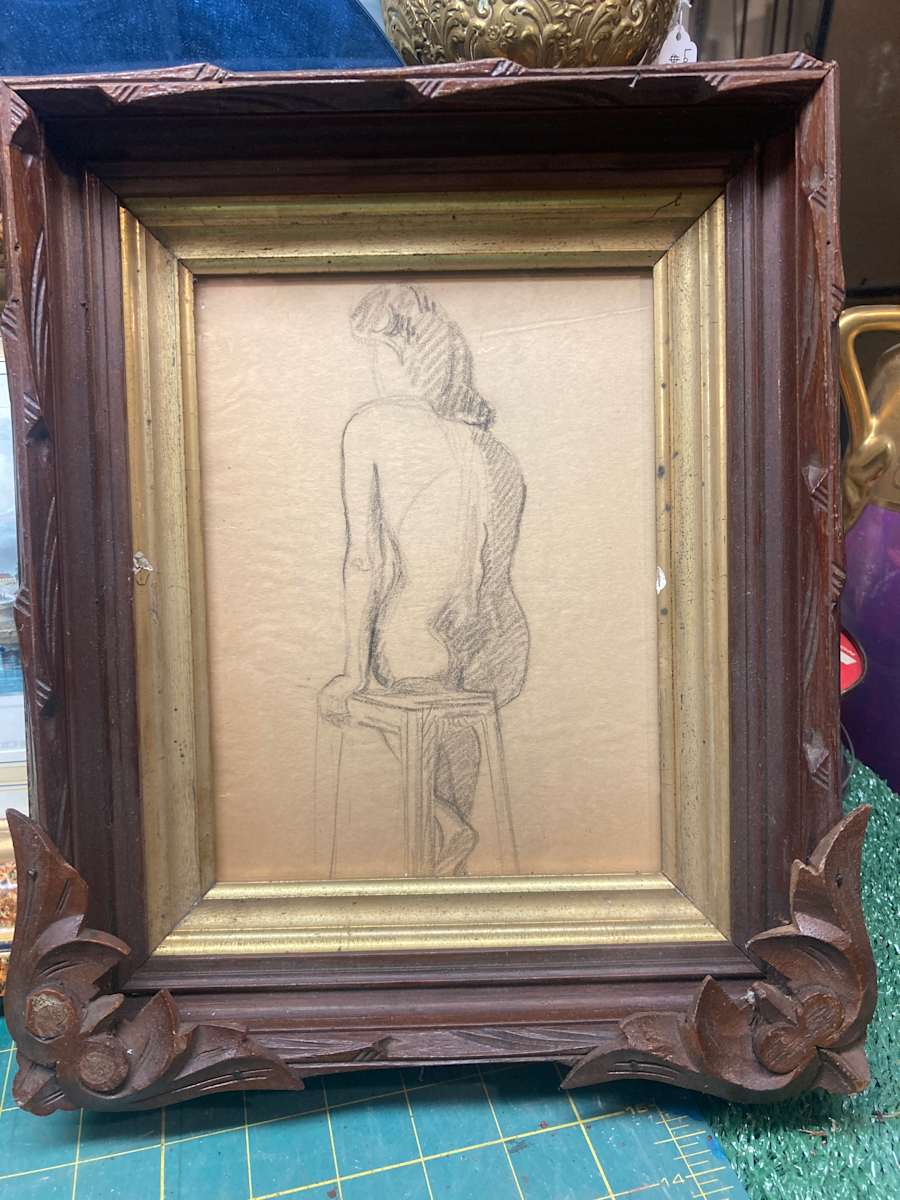framed 1940's nude drawing by Marie~Louise Belloir 