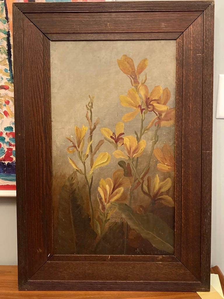 Framed original vintage painting of flowers in oak frame 