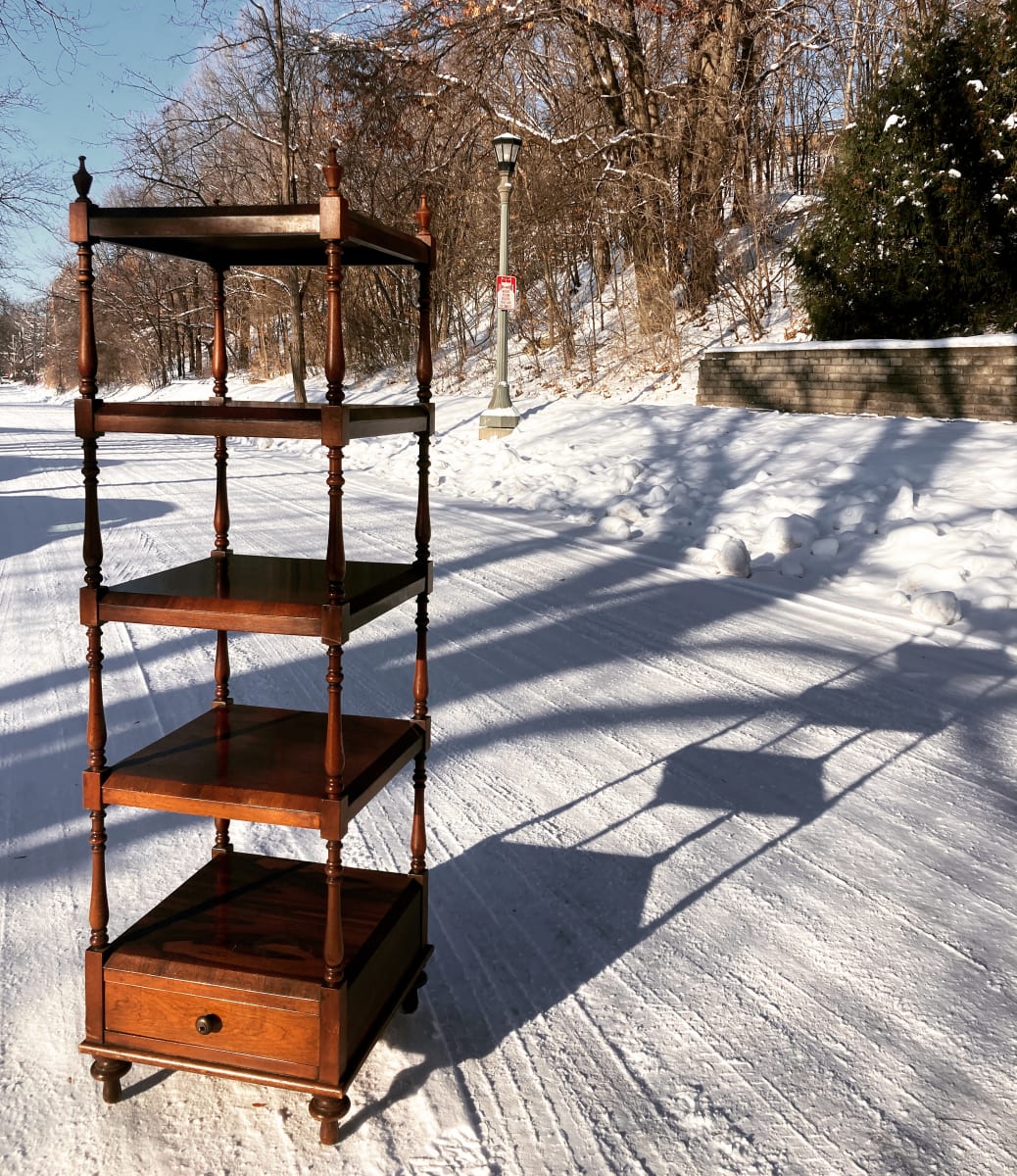 5 tiered walnut and rosewood open shelf with drawer 