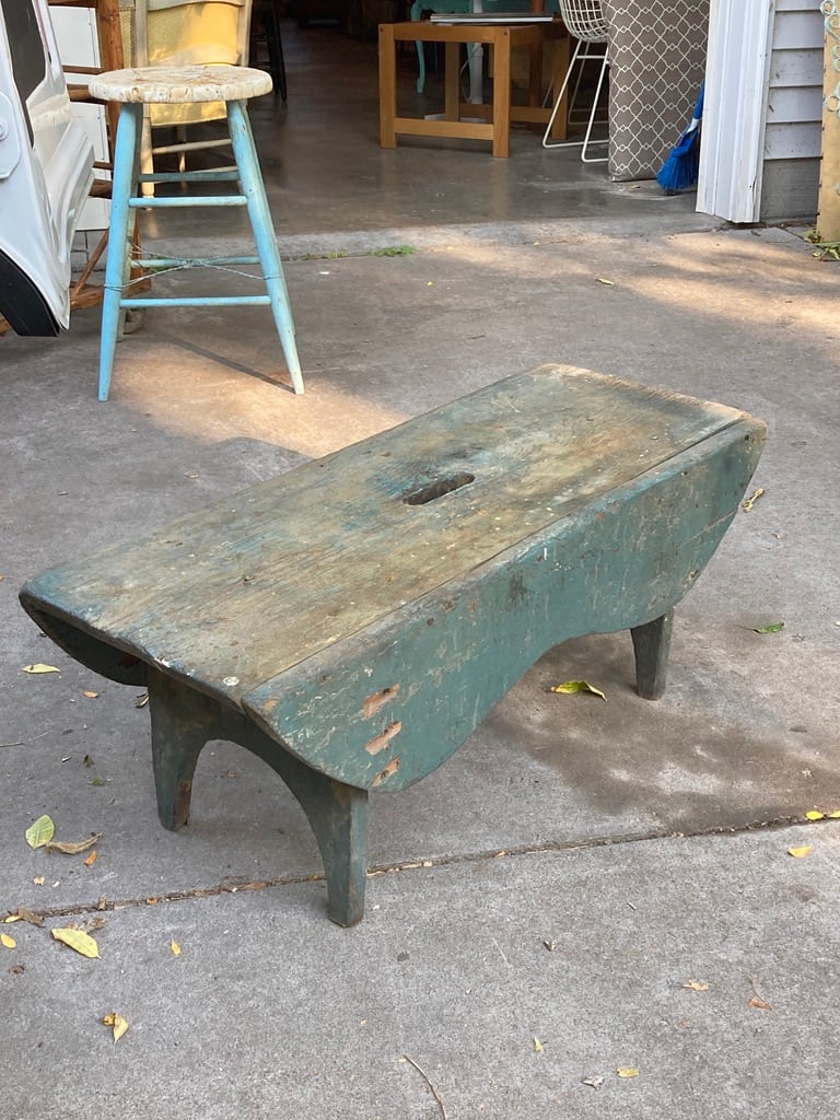 Painted blue primitive bench 