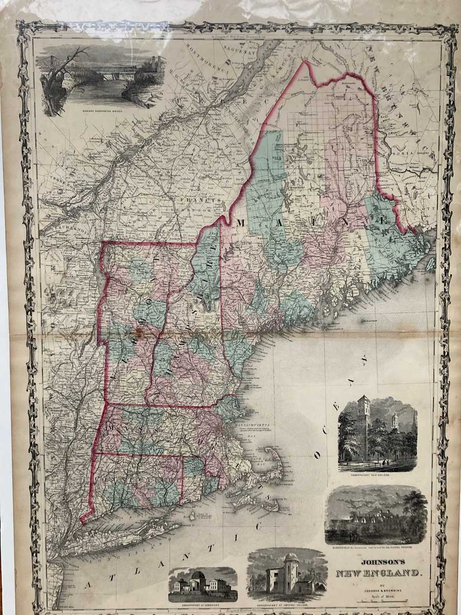 SHRINKWRAPPED early 1872 map of Maine, Vermont and New Hampshire 